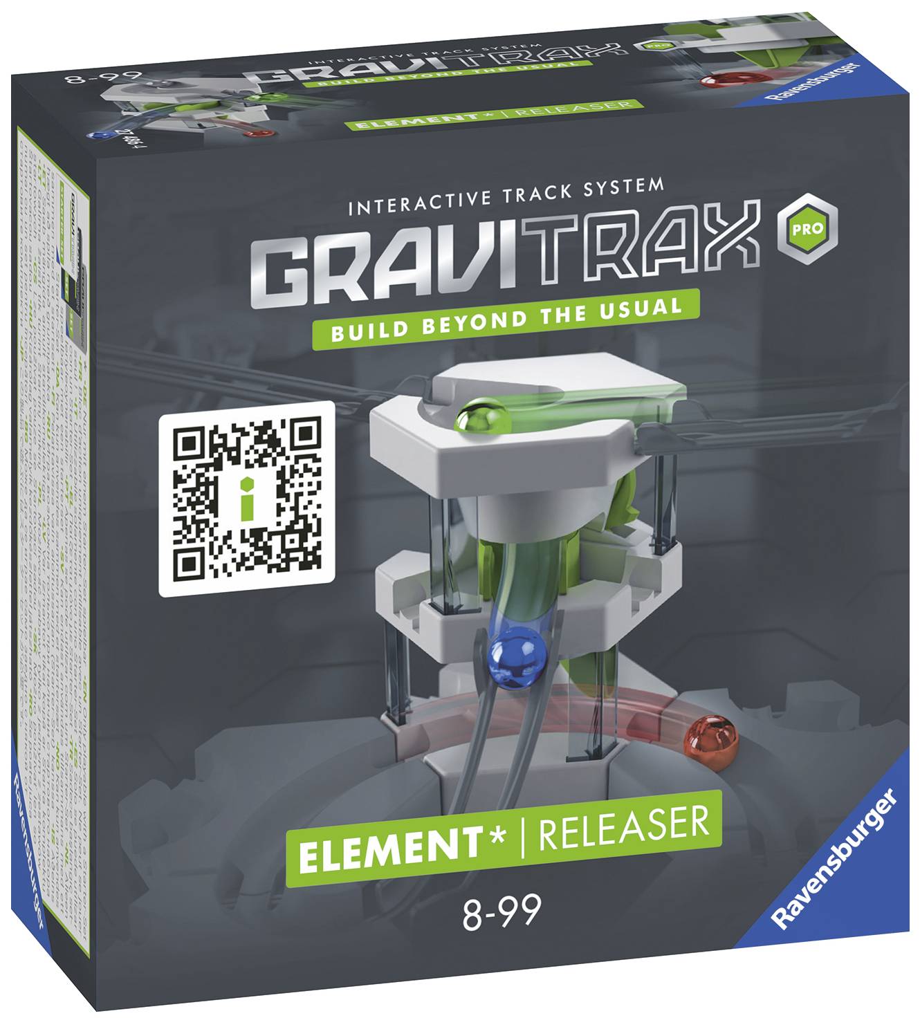 Verpackung von 'GraviTrax Pro Element Releaser' mit Altersangabe 8-99 und QR-Code auf der Vorderseite.