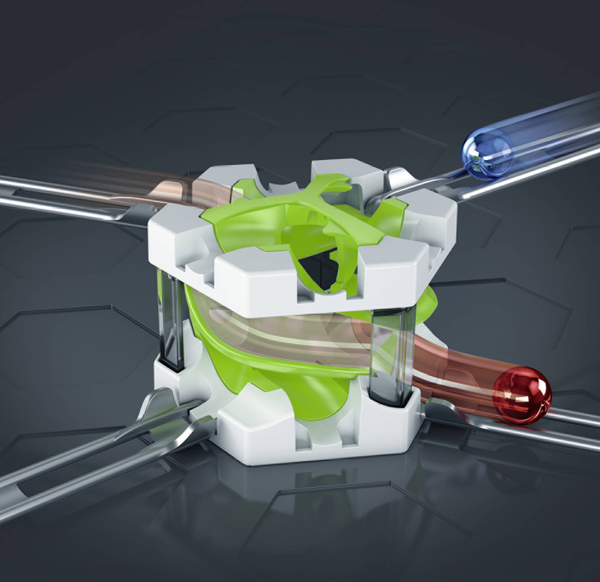 Ein weißer und grüner mechanischer Zahnradwürfel mit durch ihn hindurchgehenden transparenten Röhren, die blaue und rote Flüssigkeit enthalten.