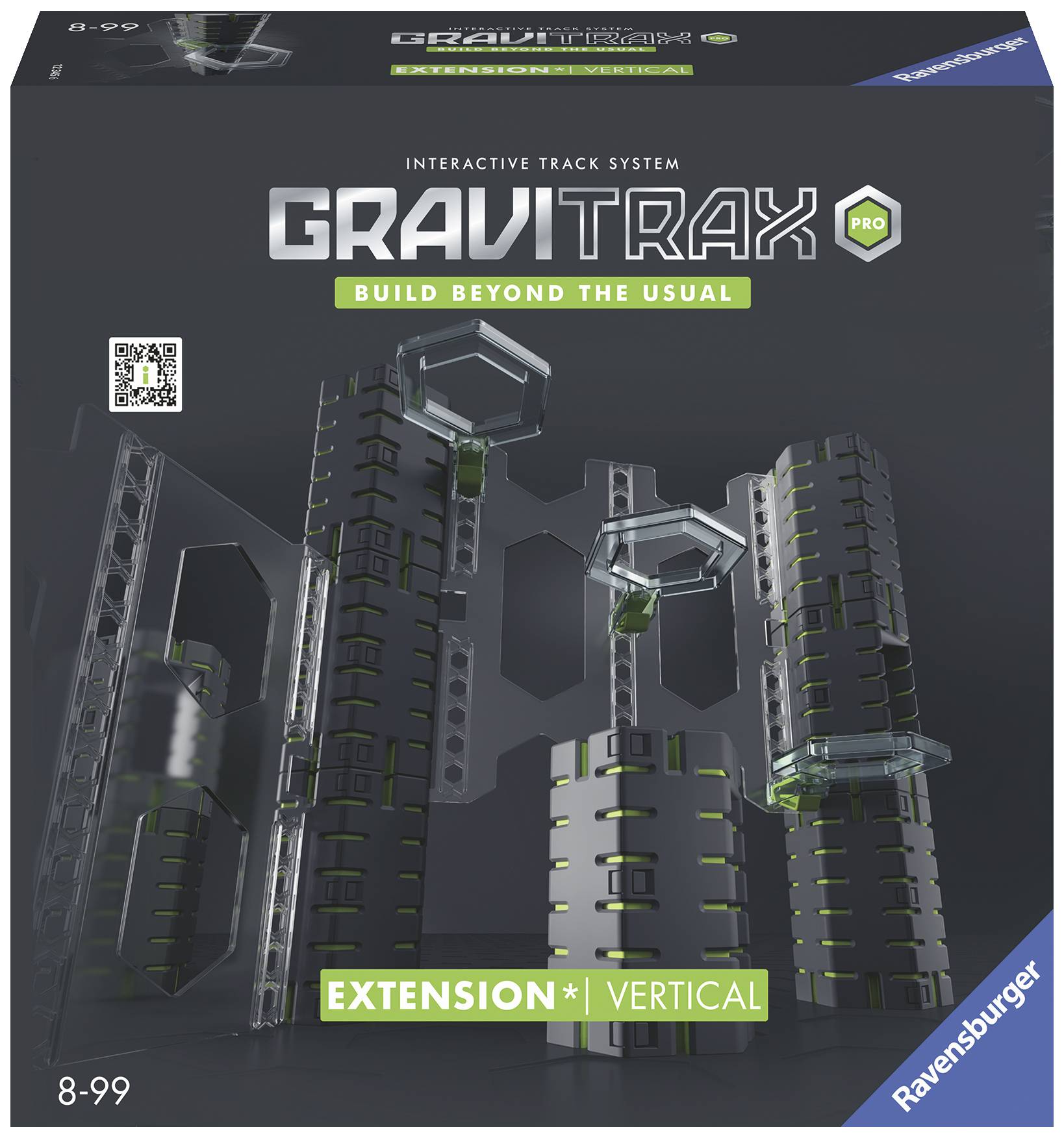 Verpackung des GraviTrax Pro Erweiterungssatzes 'Vertical' von Ravensburger. Zeigt Türme mit grünen Elementen. Geeignet für Altersgruppe 8-99.
