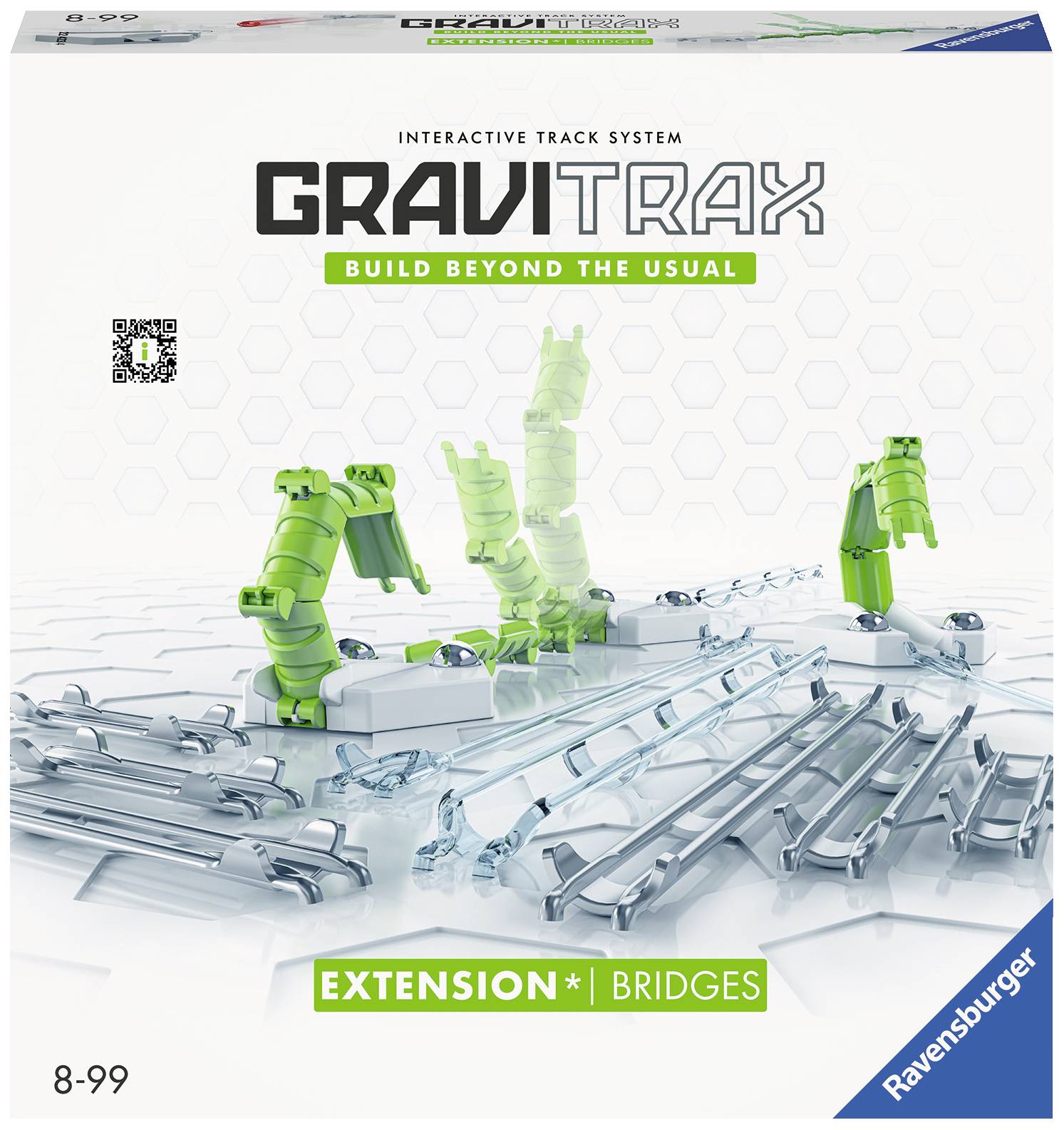 Verpackung von 'GraviTrax Extension Bridges', ein Baukastensystem mit Brückenelementen. Enthält grüne und transparente Streckenteile.