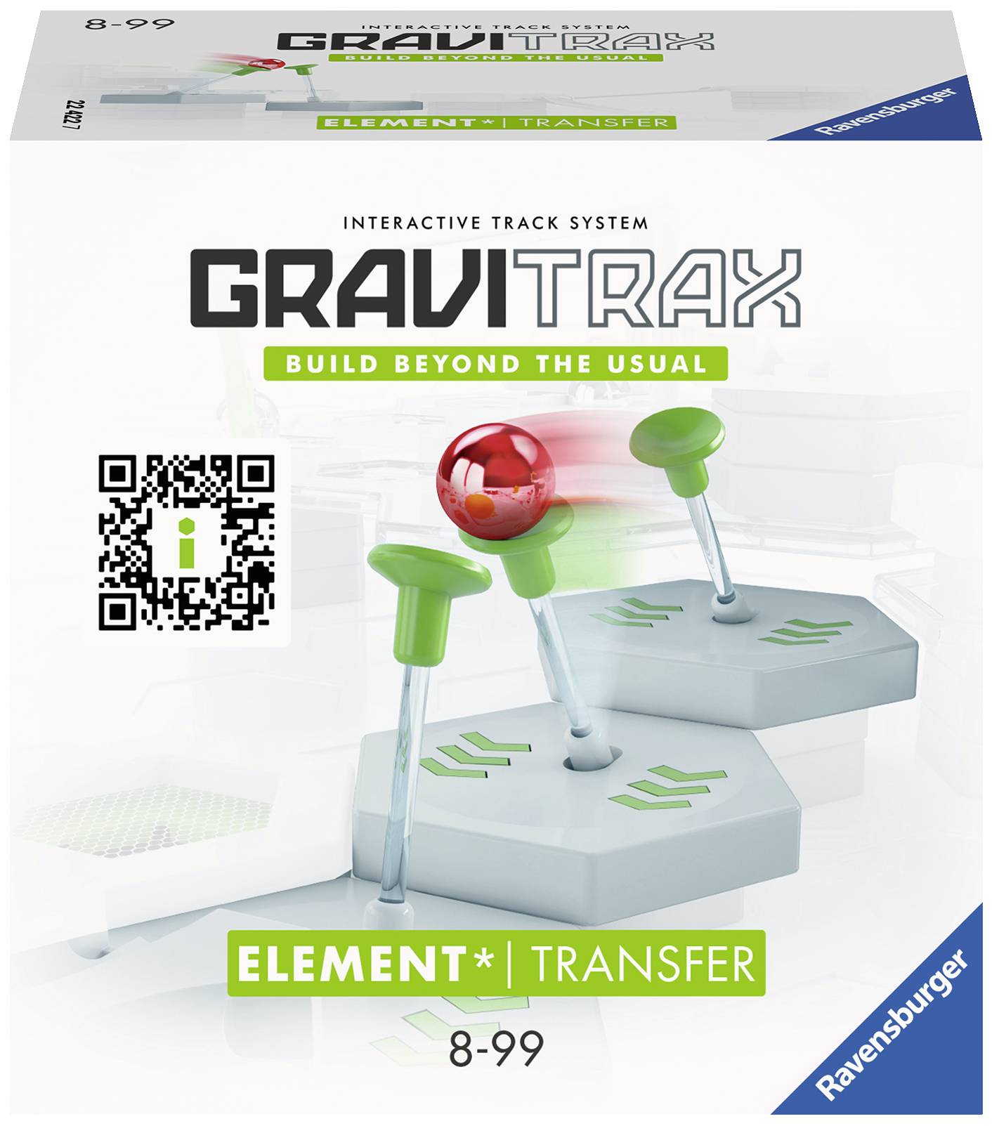 'GraviTrax Element Transfer' Spielzeugverpackung zeigt interaktive Teile eines Kugelbahnsystems; Alter 8 bis 99 Jahre.