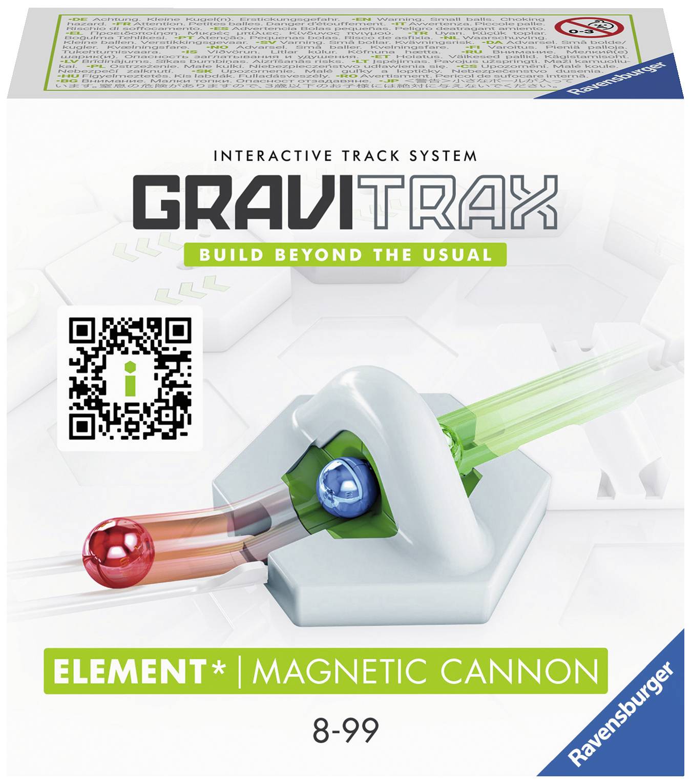 Karton einer GraviTrax Erweiterung 'Magnetkanone' von Ravensburger, geeignet für Altersgruppe 8-99, mit QR-Code und Produktabbildung.