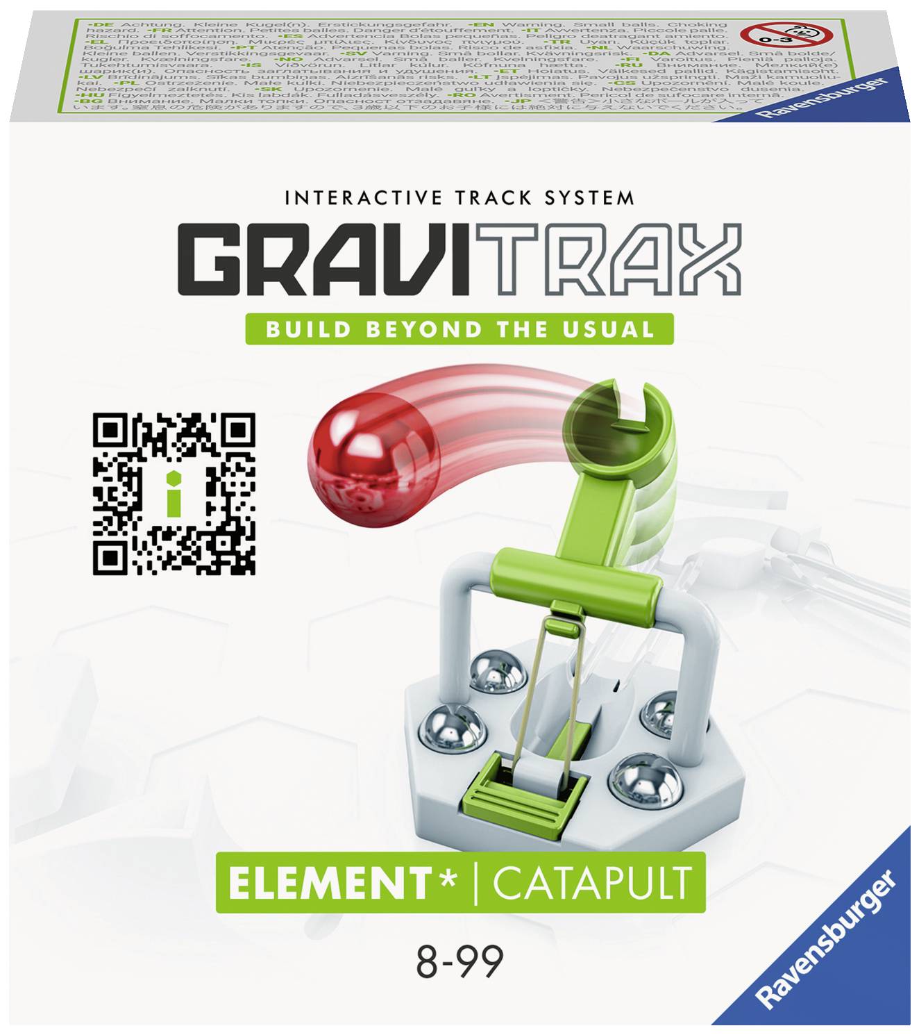GraviTrax Spielset 'Element Catapult' Verpackung zeigt eine Katapult-Erweiterung für interaktive Murmelbahnen. Altersangabe: 8-99 Jahre.