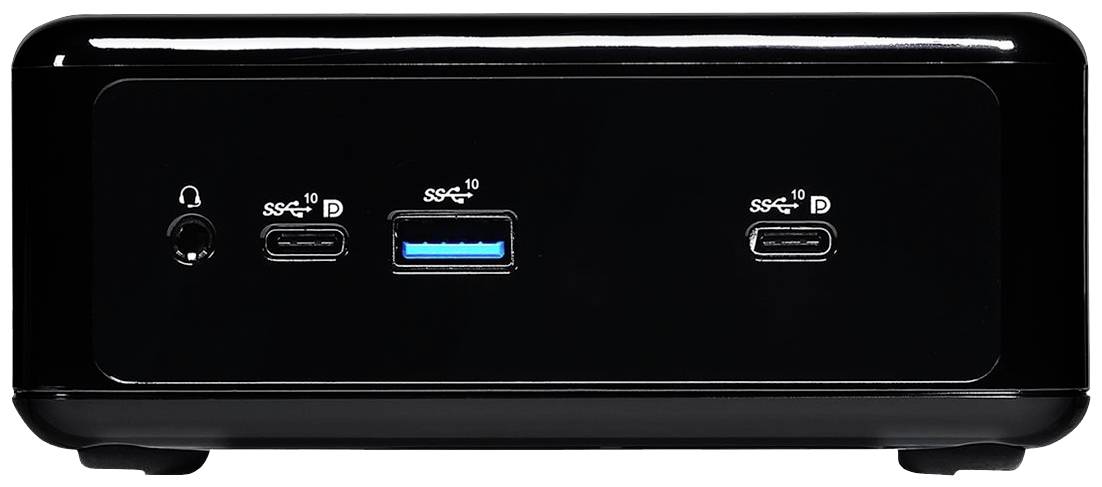 Schwarze elektronische Box mit zwei USB-C-Anschlüssen, einem USB-A-Anschluss und einem Kopfhöreranschluss an der Vorderseite.