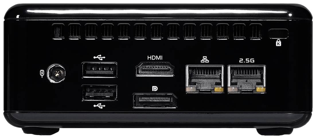 Ein schwarz glänzender Mini-PC mit zwei USB-Anschlüssen, HDMI, DisplayPort und zwei Ethernet-Ports auf der Rückseite.