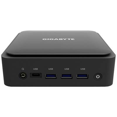 Schwarzer Mini-PC von Gigabyte, Vorderansicht mit Anschlüssen: Kopfhörer, USB-C, drei USB-A-Ports, Power-Taste.