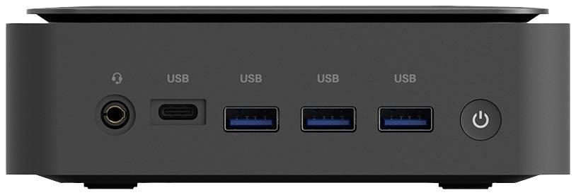 Kompakte schwarze Computerbox mit mehreren USB-Anschlüssen, 3,5-mm-Kopfhöreranschluss, USB-C-Anschluss und Netzschalter.