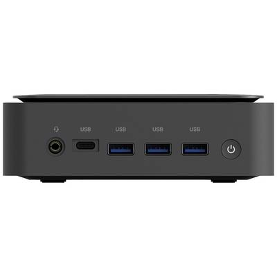 Kompakte schwarze Computerbox mit mehreren USB-Anschlüssen, 3,5-mm-Kopfhöreranschluss, USB-C-Anschluss und Netzschalter.
