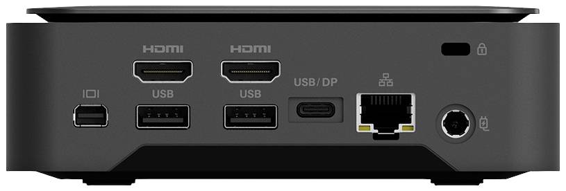 Rückseite eines Geräts mit mehreren Anschlüssen: zwei HDMI, zwei USB, ein USB/DP, ein Ethernet und ein Stromanschluss.