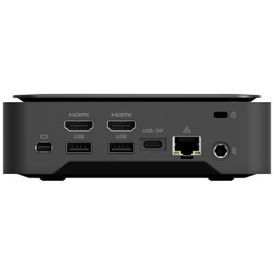 Rückseite eines Geräts mit mehreren Anschlüssen: zwei HDMI, zwei USB, ein USB/DP, ein Ethernet und ein Stromanschluss.