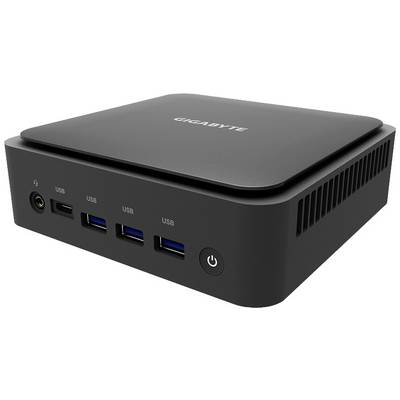 Ein schwarzer Mini-PC von Gigabyte mit mehreren USB-Anschlüssen, einer 3,5-mm-Audio-Buchse und einem Netzschalter auf der Vorderseite.