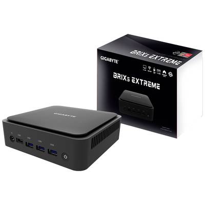 Ein kompakter schwarzer Mini-PC von GIGABYTE, Modell 'BRIX Extreme'. Im Hintergrund ist die Verpackung mit dem gleichen Design zu sehen.