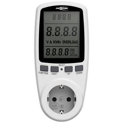 Strommessgerät mit digitalem Display zeigt Stromverbrauch in V, A, KWh, und Überlastanzeige. Tasten für Funktion und Einstellungen.