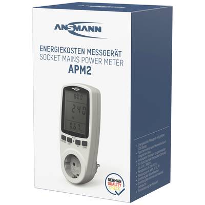 Energieverbrauchs-Messgerät in Verpackung mit Display, Steckdose und deutschem Qualitätszertifikat. Zeigt Volt und Ampere an.
