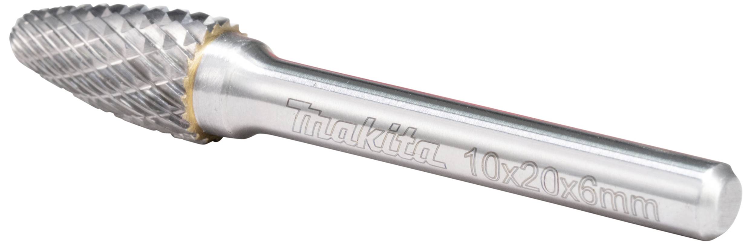 Ein Makita-Frässtift aus Stahl, zylindrische Form mit spitzem Kopf. Gravur 'Makita 10x20x6mm' entlang des Schafts sichtbar.