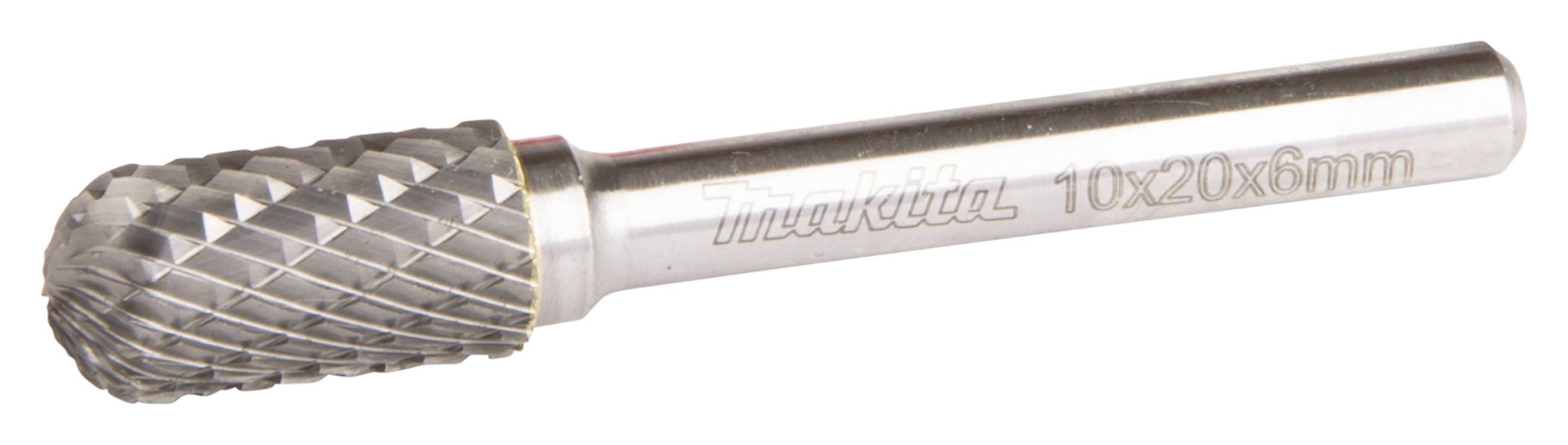 Ein zylindrischer Frässtift aus Metall mit rautenförmiger Verzahnung, geeignet für Präzisionsbearbeitung. Graviert mit '10x20x6mm'.