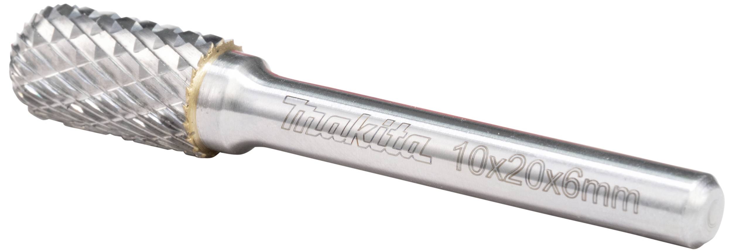 Ein Metallfräser mit zylindrischem Schaft und rautenförmig gefräster Spitze, Aufschrift 'Makita 10x20x6mm', geeignet für Materialbearbeitung.