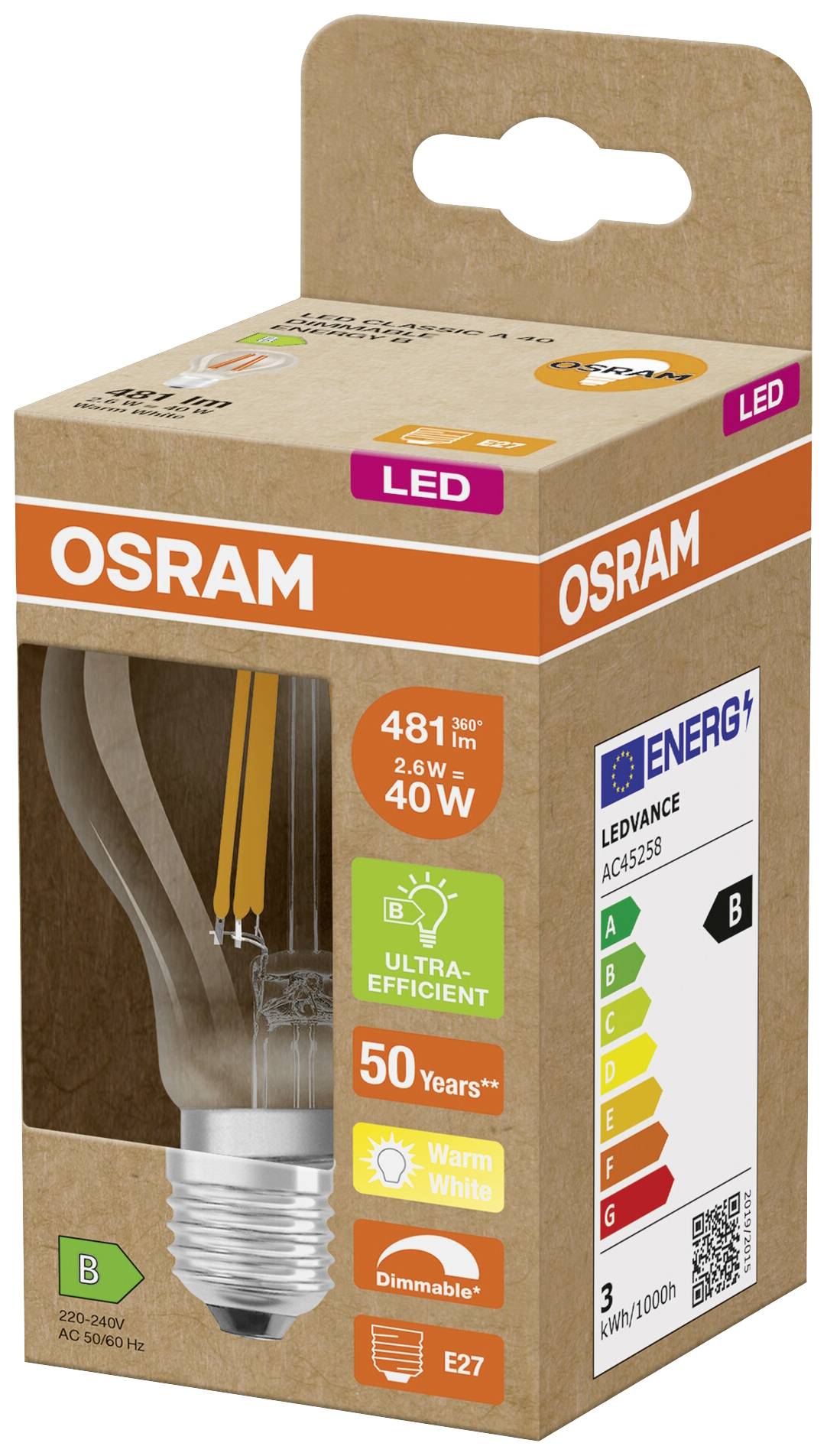 Osram LED-Glühbirne, 2.6W, E27, 481 Lumen, Energieklasse B, 50 Jahre Lebensdauer, warmweiß, dimmbar, geeigent für Innenräume.
