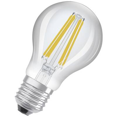 LED-Glühbirne mit sichtbaren gelben Filamenten und silbernem Schraubsockel. Geeignet für energiesparende Beleuchtung.