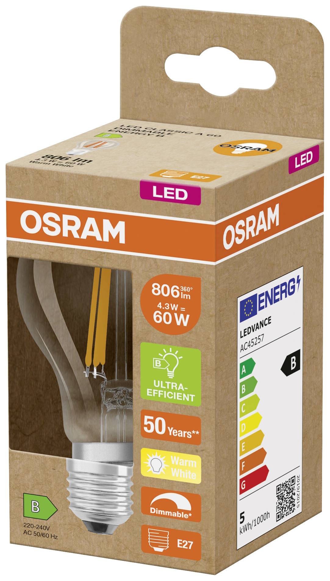 Eine LED-Glühbirnen-Verpackung der Marke OSRAM zeigt ein Energiesparlabel, 806 Lumen, 4,3 Watt, warmweißes Licht und dimmbare Funktion.