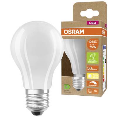 LED-Glühbirne neben Verpackung mit Aufschrift 'OSRAM', 6,7 W, 1055 lm, warmweiß, dimmbar, Energieeffizienz B, Lebensdauer 50 Jahre.