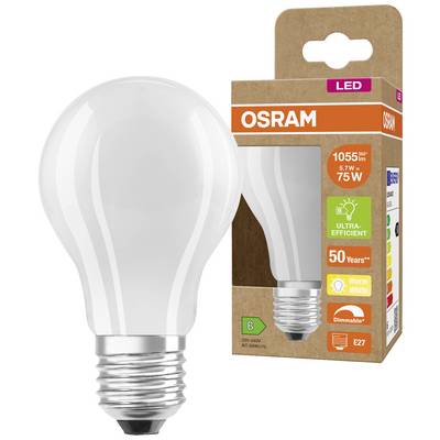 LED-Glühbirne von OSRAM vor der Verpackung. Kennzeichnung: 1055 Lumen, 75 Watt, warmweiß, dimmbar, Energieklasse B.