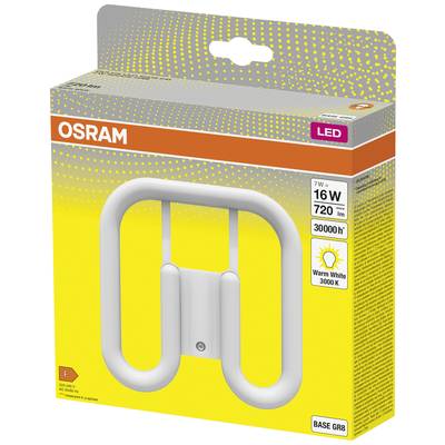 'OSRAM LED Lampe, 7W, 720 lm, Warmweiß 3000K, Energieeffizienzklasse F, 30.000 Stunden Betriebsdauer, Basis GR8, Verpackungsvorderseite.'