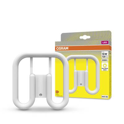 'OSRAM LED' Leuchtmittelverpackung, 16W, 720 Lumen, warmweiß 3000K. Rechteckige Klappverpackung mit Produktabbildung auf Vorderseite.