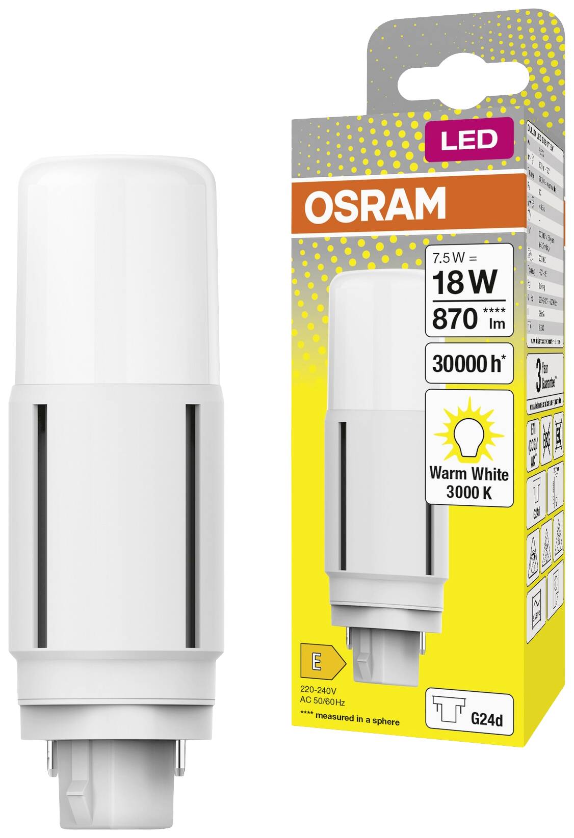 Eine LED-Glühbirne von OSRAM mit 18W, 870 lm, warmweißem Licht (3000 K) und einer Lebensdauer von 30.000 Stunden, auf der Verpackung.