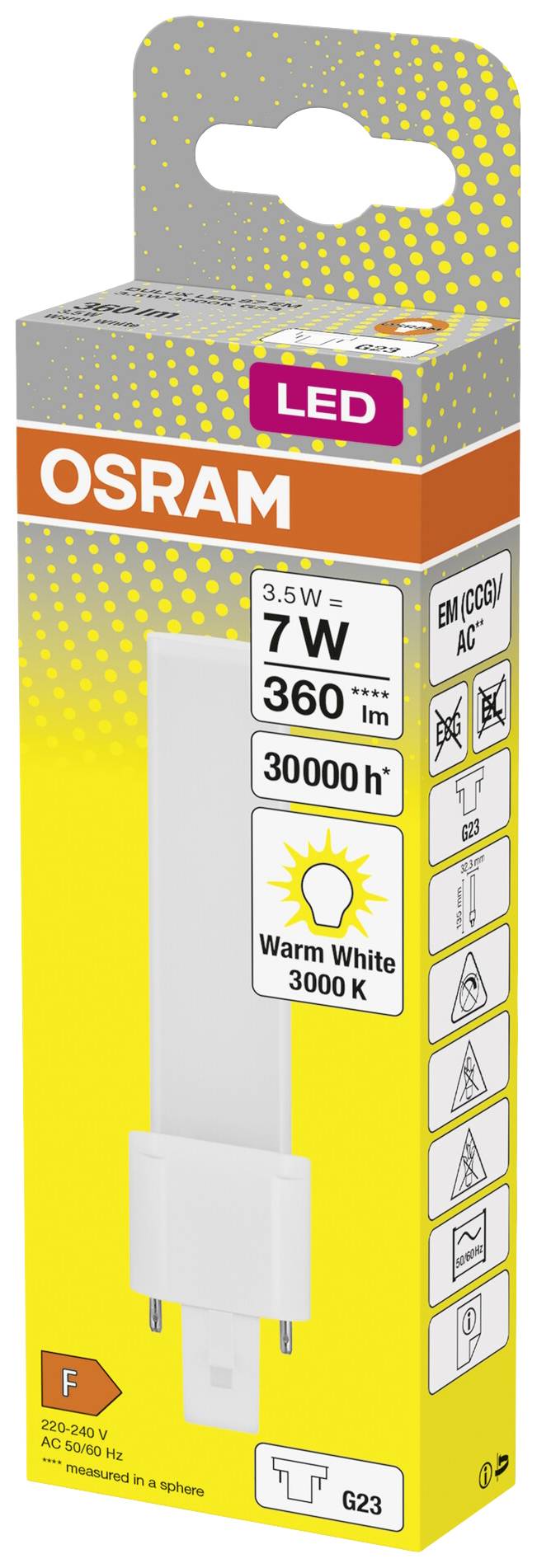 Verpackung einer OSRAM LED-Lampe, 3,5/7W, 360 lm, 30000 Stunden, warmweiß 3000K, Energieklasse F, G23-Sockel.