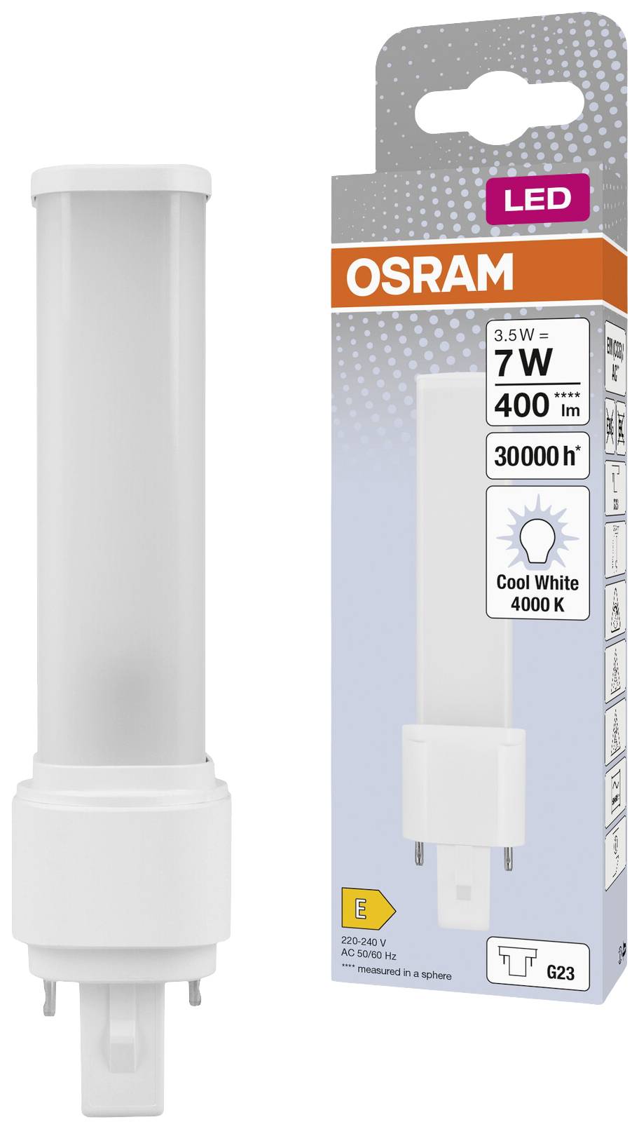 Eine OSRAM LED-Lampe mit 7W, 400 Lumen, 30000 Stunden Lebensdauer, kaltweißem Licht (4000K) und Energieklasse E. Verpackung und Lampe abgebildet.