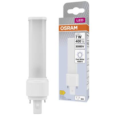Eine OSRAM LED-Lampe mit 7W, 400 Lumen, 30000 Stunden Lebensdauer, kaltweißem Licht (4000K) und Energieklasse E. Verpackung und Lampe abgebildet.