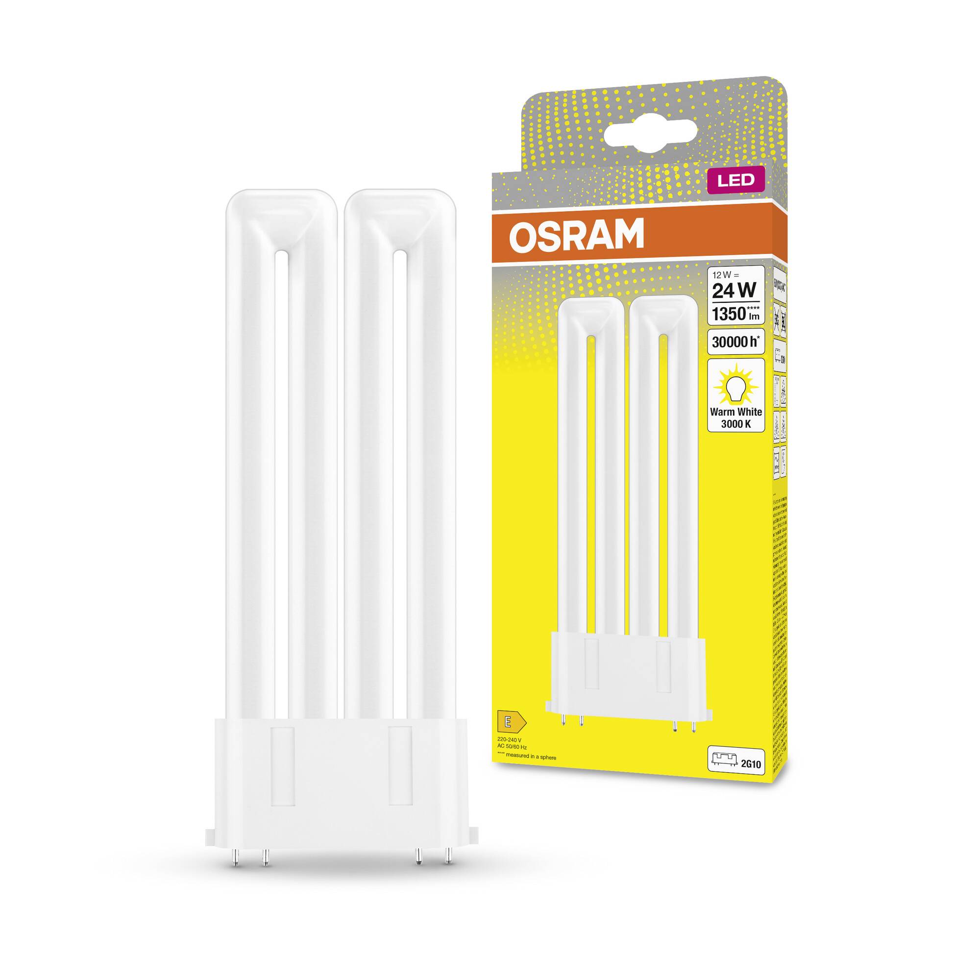LED-Lampe und Verpackung der Marke Osram. Die Lampe hat 24 Watt und 1350 Lumen. Lichtfarbe: 3000 Kelvin, warmweiß. Energieeffizienzsymbol.