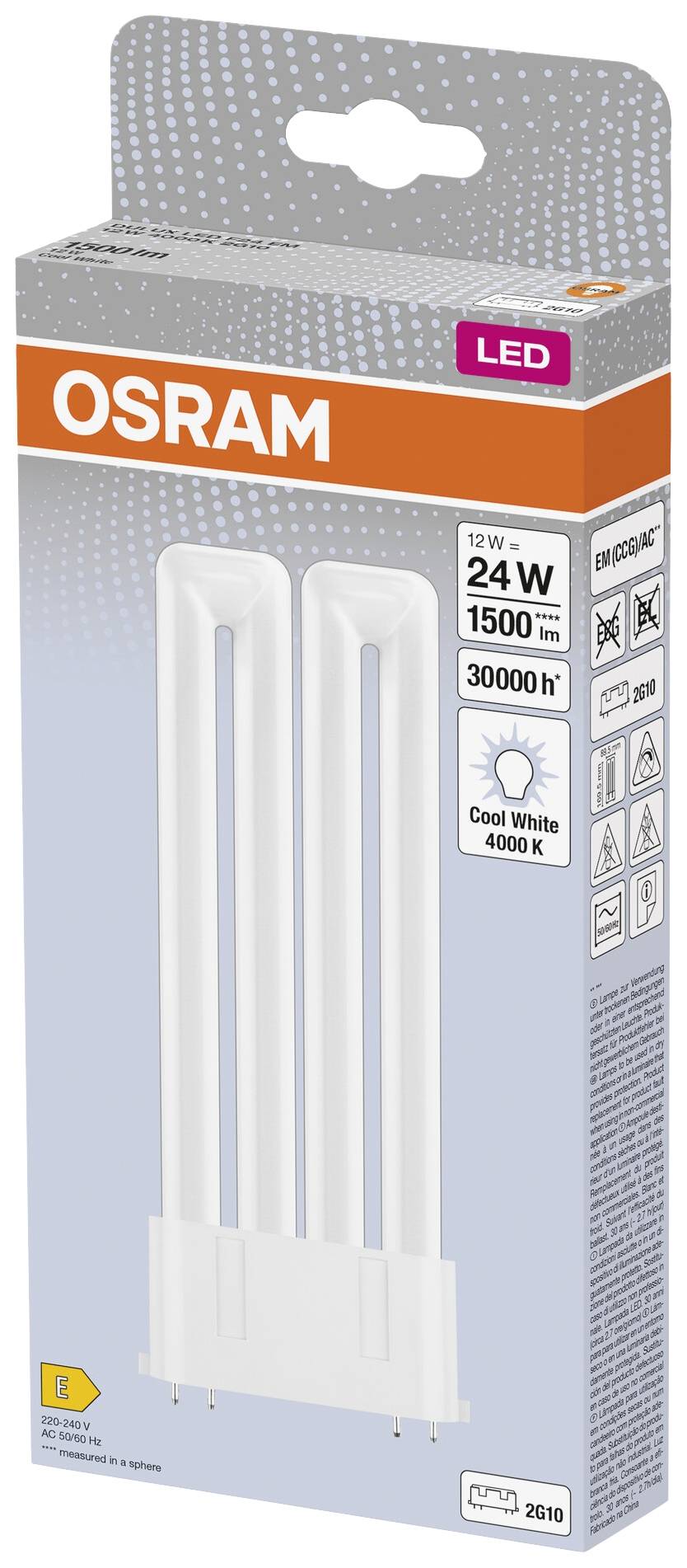 Verpackung einer OSRAM LED-Lampe mit 24W, 1500 Lumen, 4000K, 30.000 Stunden Lebensdauer. E-Klasse Energieeffizienz, kühlt weiß.
