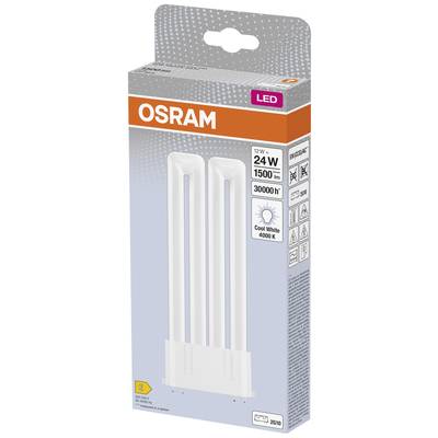 Verpackung einer OSRAM LED-Lampe mit 24W, 1500 Lumen, 4000K, 30.000 Stunden Lebensdauer. E-Klasse Energieeffizienz, kühlt weiß.