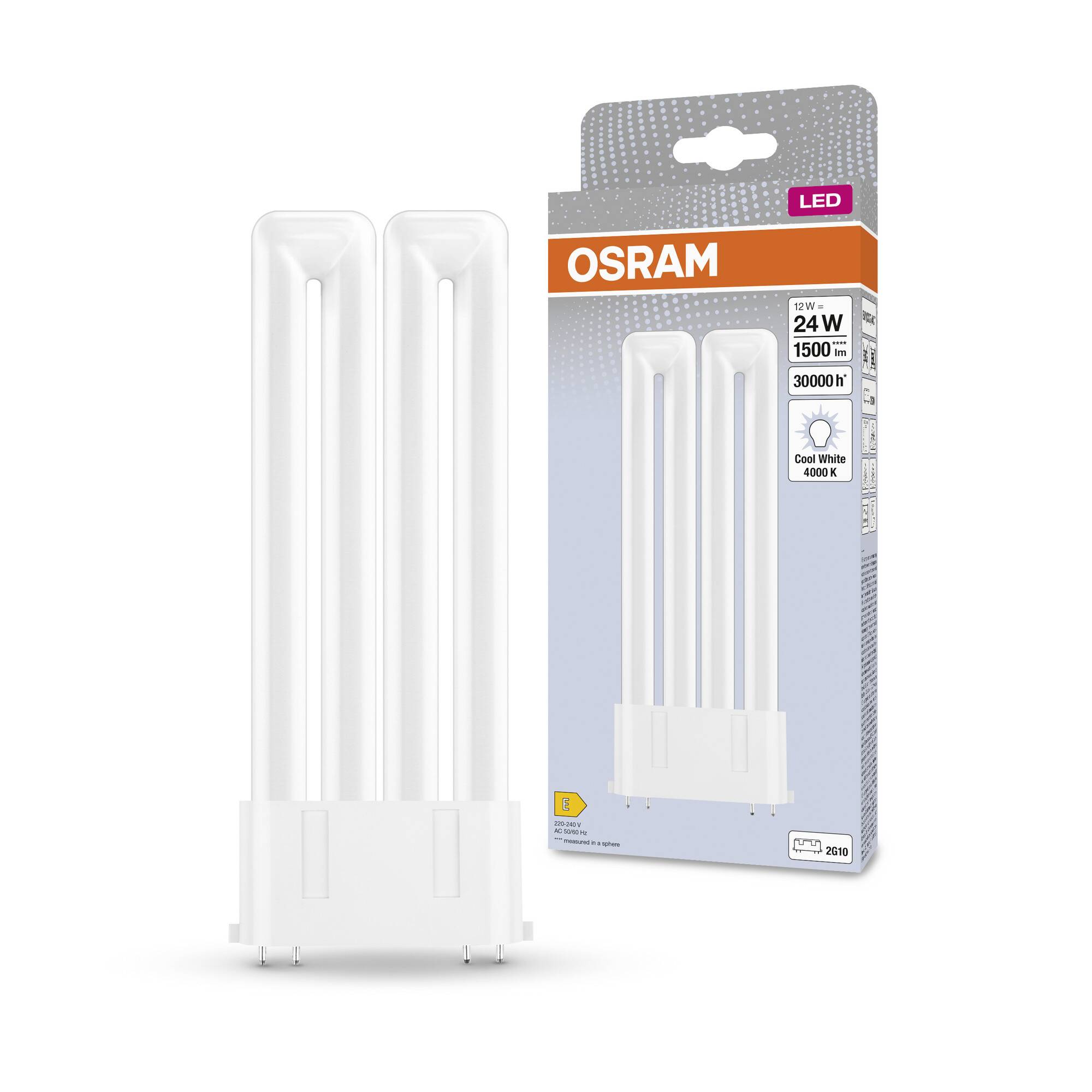 LED-Lampe von OSRAM mit 24 Watt und 3000 Kelvin. Die Verpackung zeigt die Lampe und ihre Eigenschaften, einschließlich 'Cool White 4000K'.