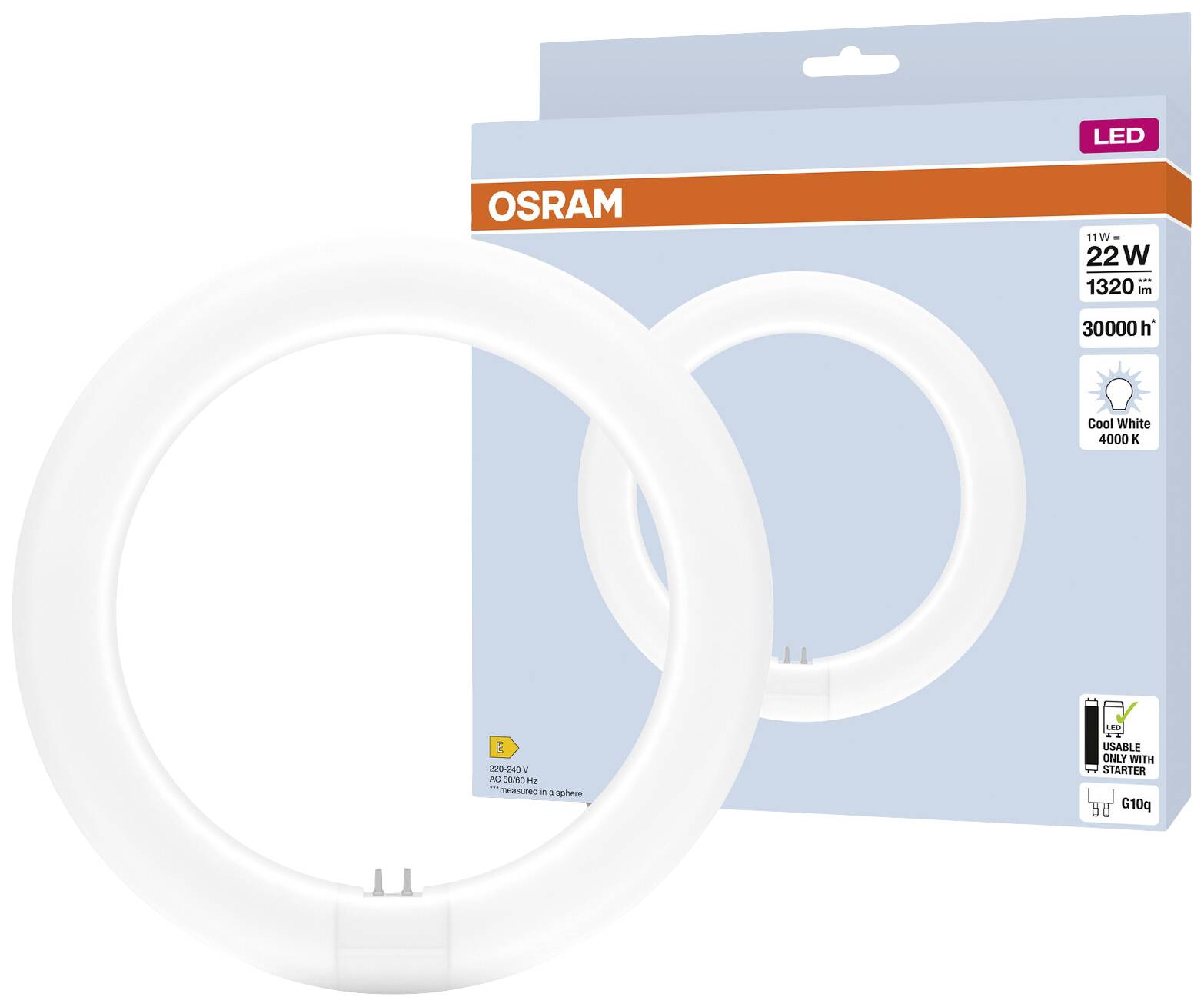 LED-Lampe von Osram in Ringform. Verpackung zeigt Produktdetails: 22W, 1320 lm, 4000K. Energieeffizienzklasse A+, Lebensdauer 30.000 Stunden.