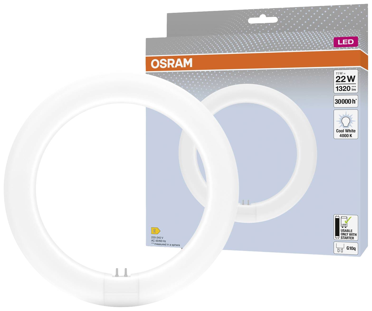 LED-Lampe in Ringform von Marke OSRAM. Verpackung zeigt Details: 22 W, 1320 lm, 30000 h, kaltweiß 4000 K. Energieeffizienzklasse F.