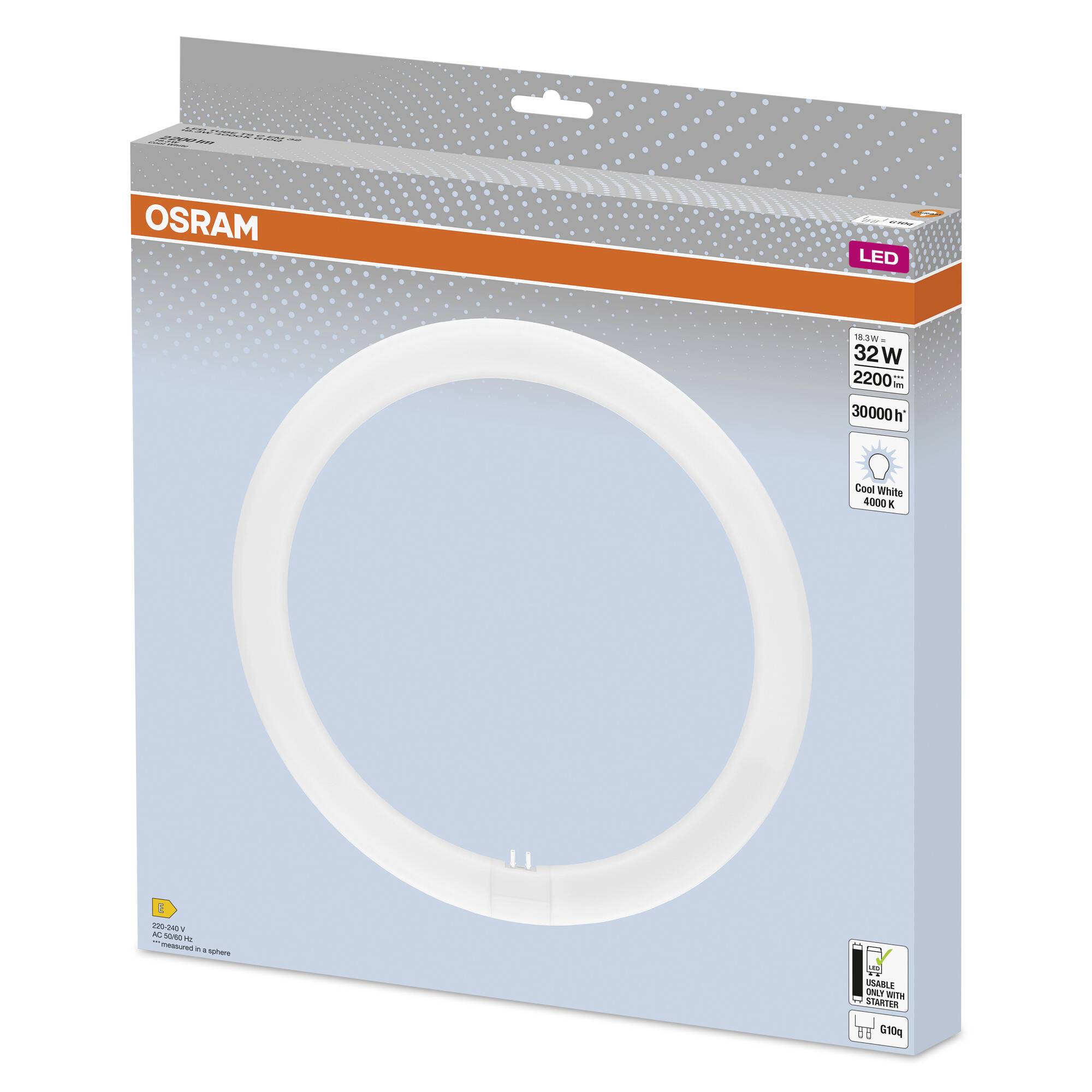 Verpackung einer LED-Lampenröhre der Marke OSRAM, 32W, 2200lm, 30000 Stunden Lebensdauer, Farbtemperatur 4000K 'Cool White'.