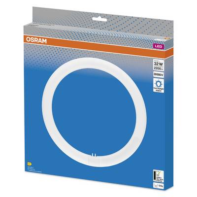 'OSRAM LED-Ring. 32W, 2200 Lumen, 3000K. Verpackung zeigt Produktfoto und Spezifikationen. Energieeffizienzklasse G.'