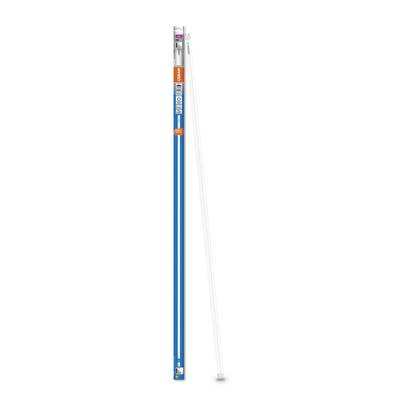 Ein langer, blauer Beleuchtungsstab und seine Verpackung stehen nebeneinander. Der Stab ist schlank und weiß.