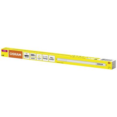 Gelbe Verpackung einer OSRAM LED-Röhre. Aufdrucke zeigen: LED, HF, 4W, 370lm, 3000K, 20.000h, Energieersparnis, Vollglas.