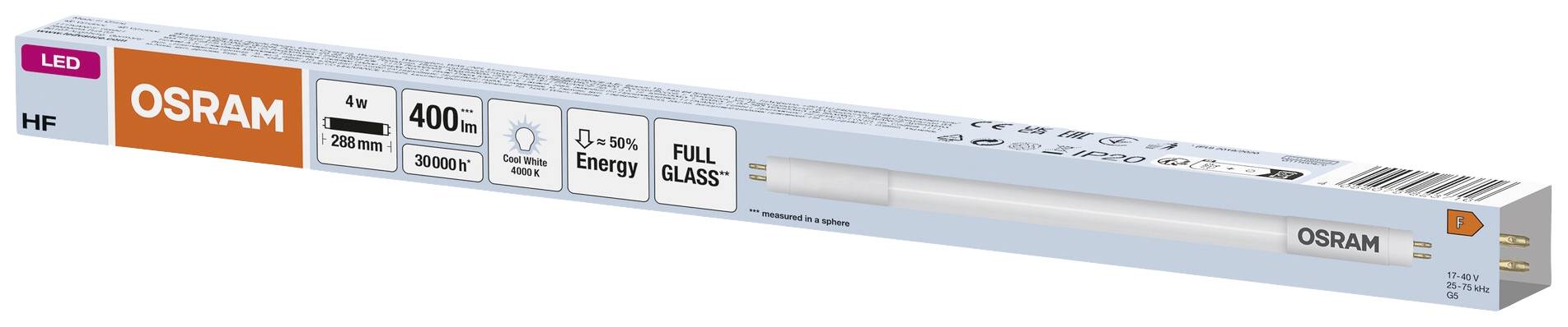 LED-Lampe von Osram in blau-weißer Verpackung mit der Aufschrift '400+ Lumen', '3000K', '12 kWh/1000h', geeignet für 230V.