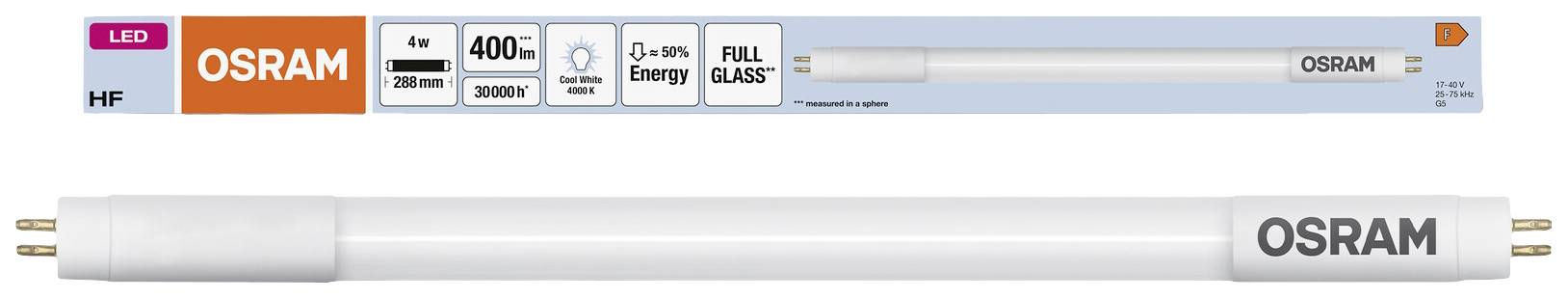 'Lange weiße LED-Röhre mit Osram-Logo. Verpackung zeigt 4000K Farbtemperatur, Energieeinsparung und volle Glasabdeckung.'