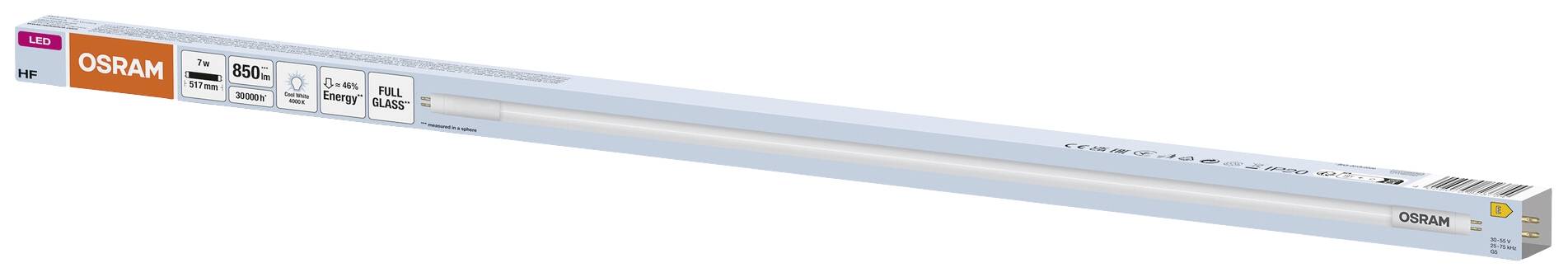 Verpackung einer Osram LED-Röhre mit Energieeinsparungshinweisen und Produktinformationen.