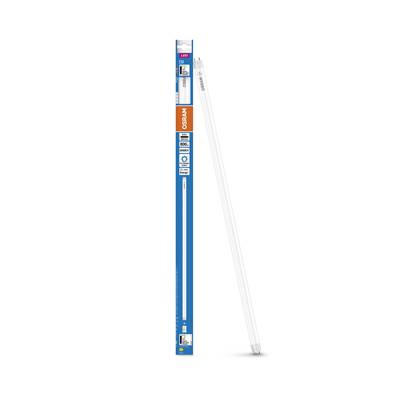 Eine weiße Leuchtstofflampe aus der Verpackung genommen, neben einer blauen OSRAM-Verpackung mit weißen Texten und orangefarbenem Akzent.