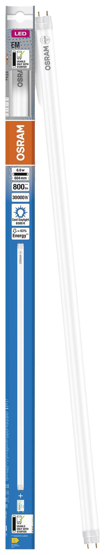 Leuchtstoffröhre in Verpackung. Marke: Osram. Aufschrift: 'LUMILUX'. Energieeffizienz: 'G'. LED-Alternative für klassische Leuchtstofflampen.