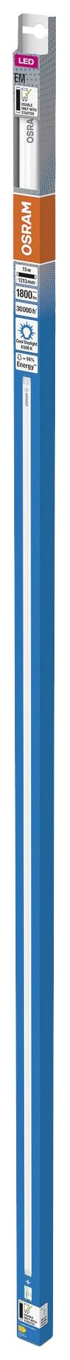 Blaue LED-Lampe mit orangefarbenen und weißen Aufklebern, die technische Details und Energieeffizienzklasse zeigen.