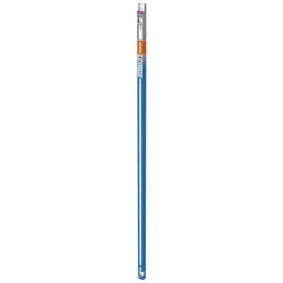 Blaue LED-Lampe mit orangefarbenen und weißen Aufklebern, die technische Details und Energieeffizienzklasse zeigen.