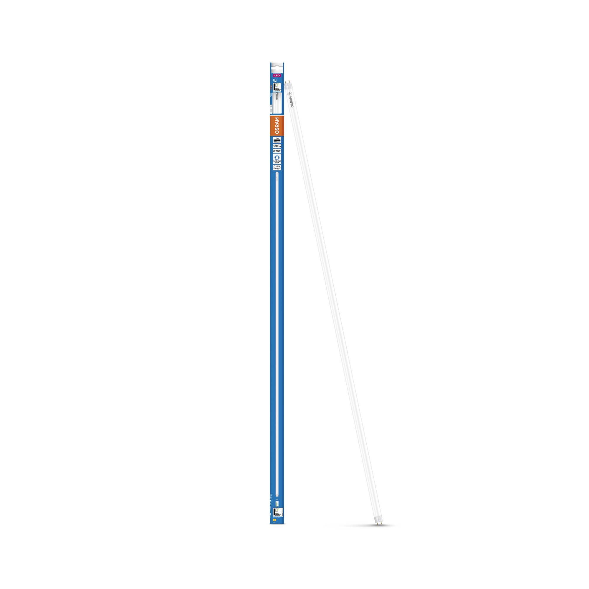 Ein langer, schmaler, blauer LED-Streifen in einer schützenden Verpackungshülle mit Markenaufdruck.